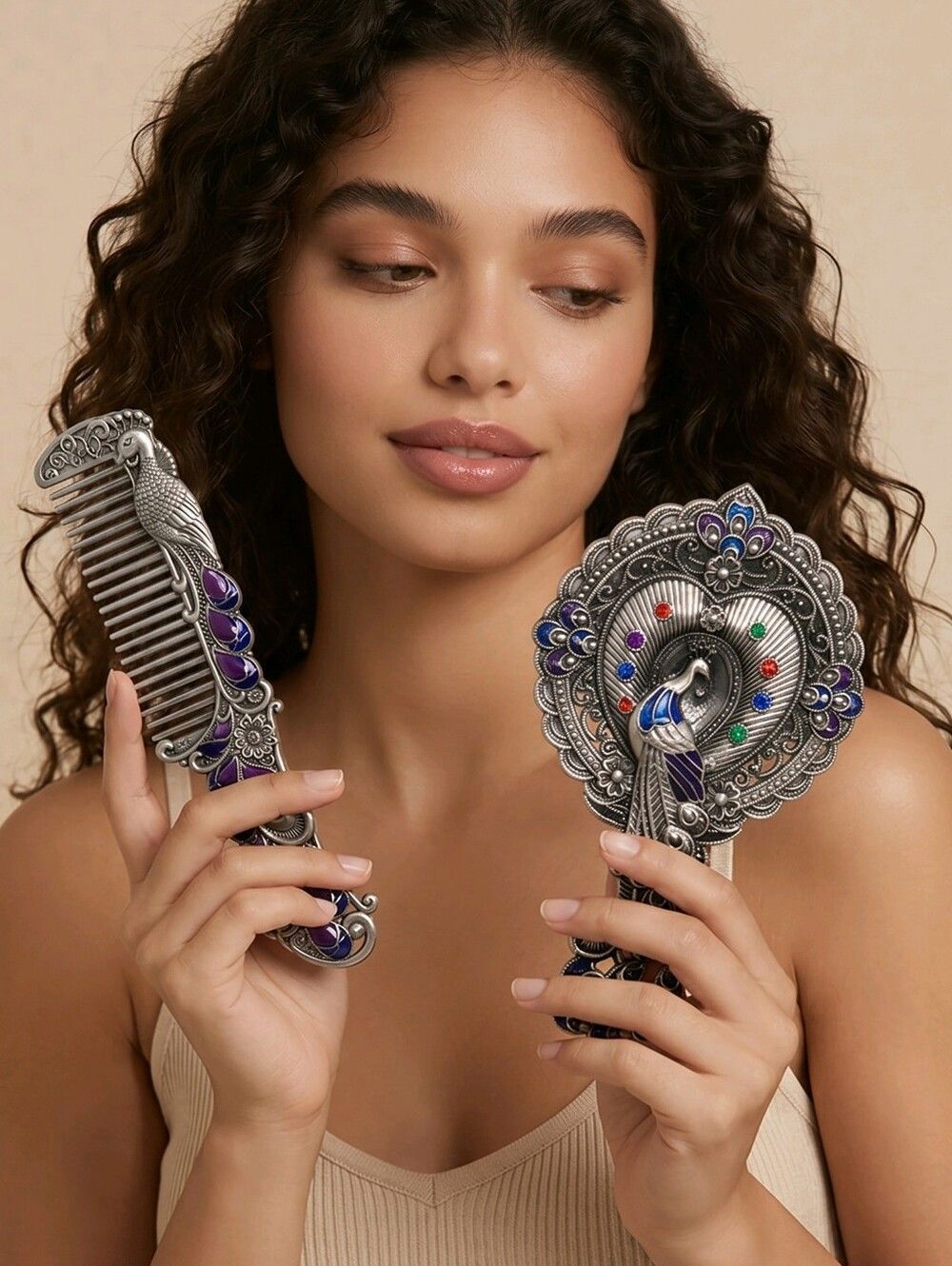 Vintage Peacock Mirror Comb Gift Set Antiqued Rhinestone Regency Vanity Boxed